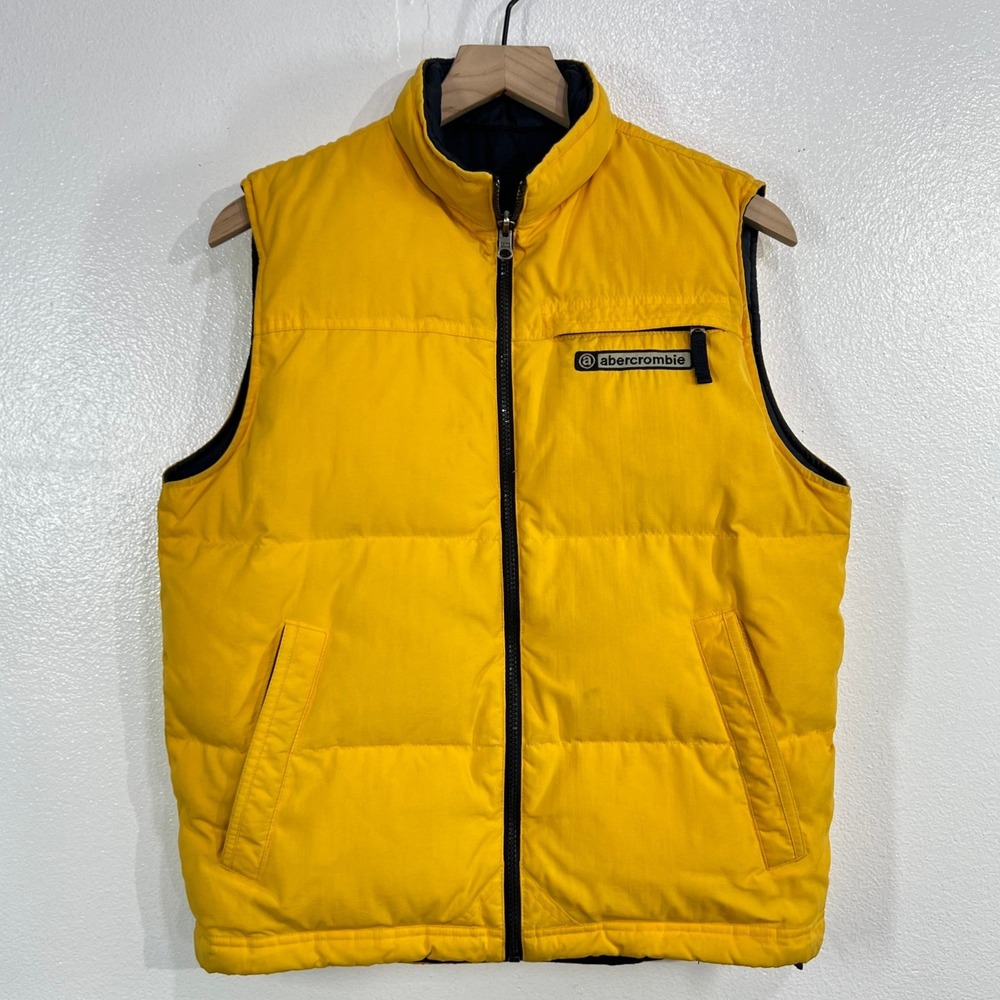 Vtg.  Abercrombie & Fitch Men L Reversible Puffer Vest Yellow Navy Duck Down Y2K